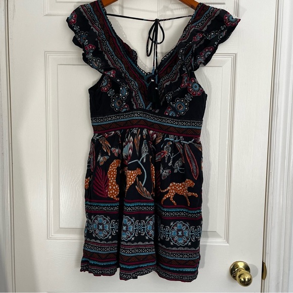 Anthropologie Animal Floral Print Plunge V-neck Mini Dress Ruffles Size XS - Picture 2 of 11